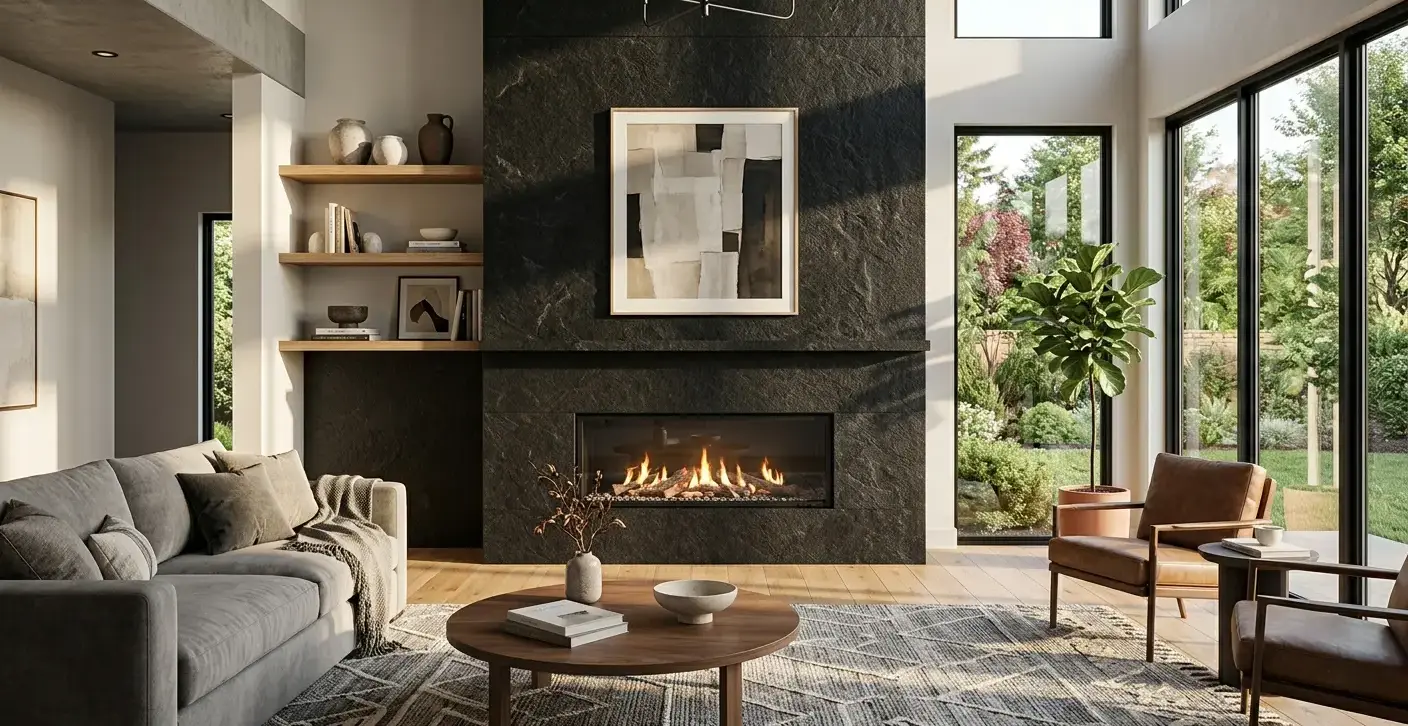 Conceptual rendering of an Absolute Black granite leathered slab installed as a full-surround fireplace backsplash in a contemporary living room