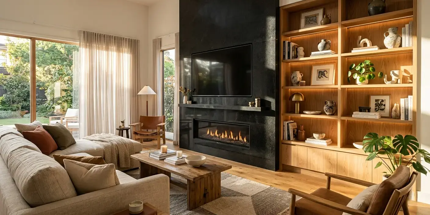 Conceptual rendering of a floor-to-ceiling Absolute Black granite fireplace surround slab panel anchoring a living room built-in shelving wall