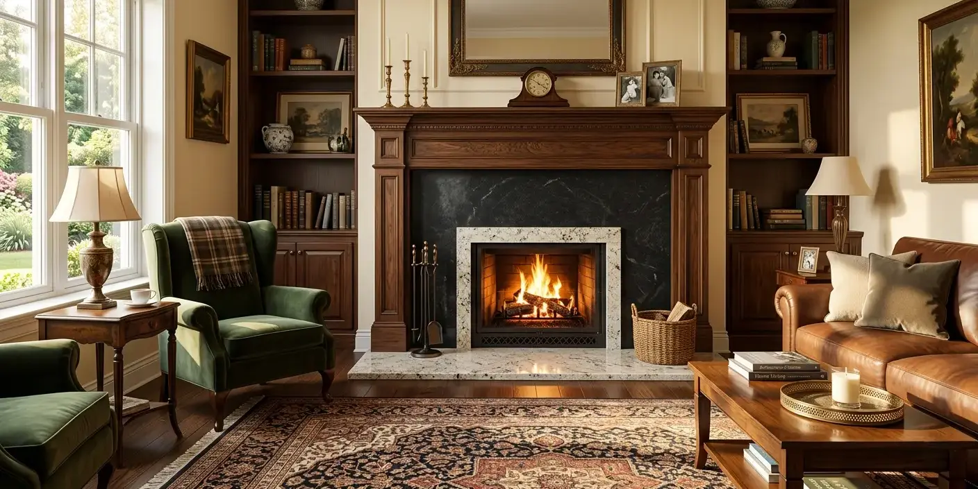 Conceptual rendering of a dark granite fireplace backsplash slab with Kashmir White granite hearth apron accent in a traditionally styled living room