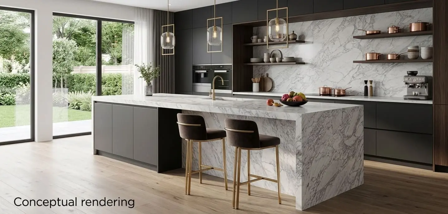 Conceptual rendering of modern kitchen with a seamless Carrara marble countertop on a waterfall island