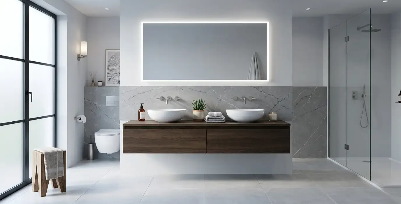 Conceptual rendering of a gray engineered quartz backsplash slab with controlled veining in a contemporary bathroom