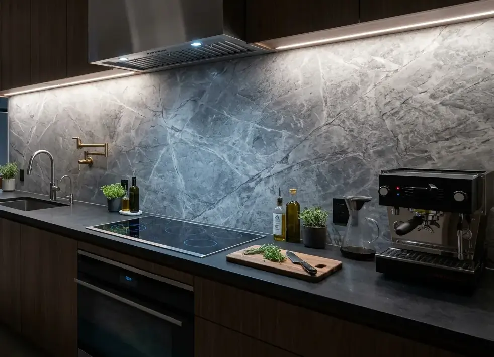 Conceptual rendering of a honed gray quartzite slab installed as a full-height kitchen backsplash