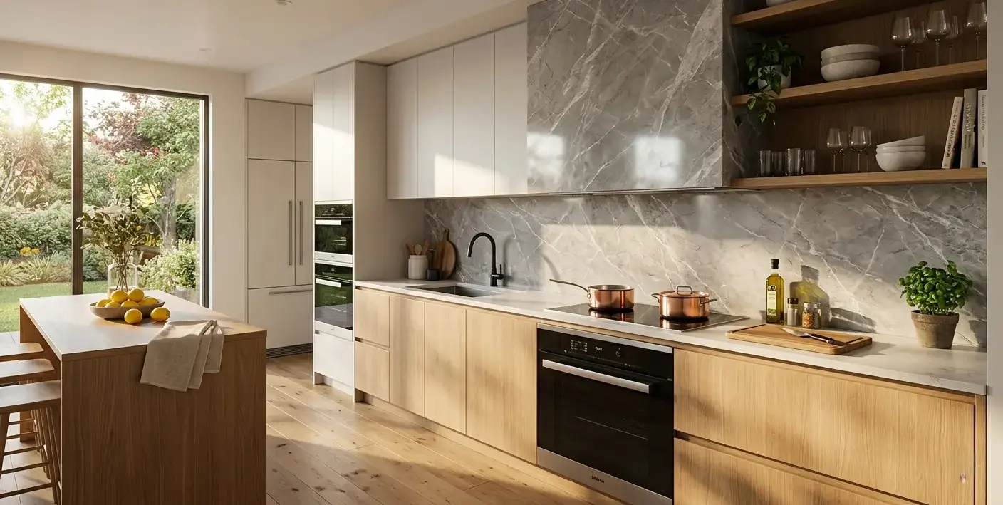 Conceptual rendering of a polished gray marble backsplash slab with silver veining in a modern kitchen