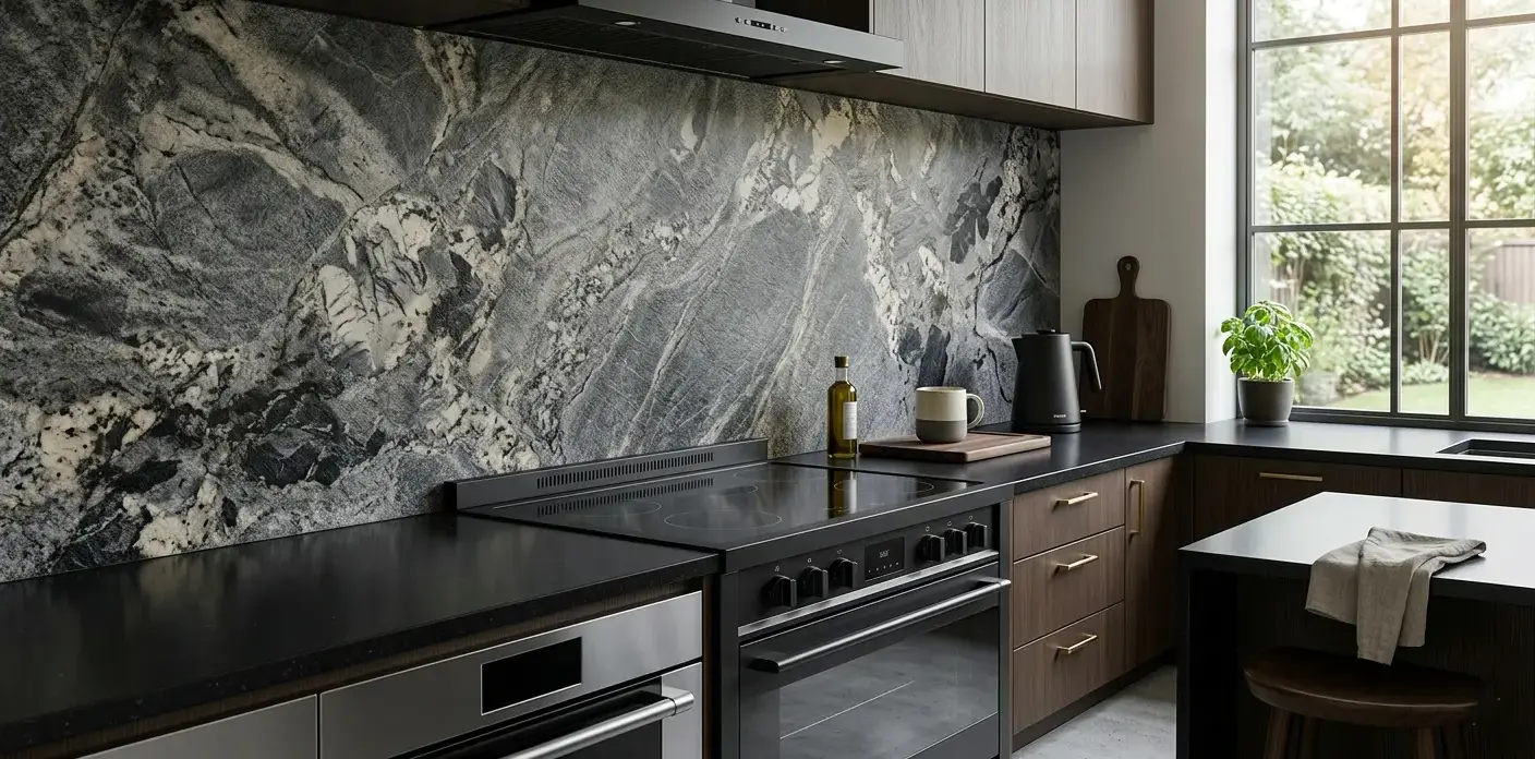 Conceptual rendering of a leathered gray granite backsplash slab with black and cream secondary tones