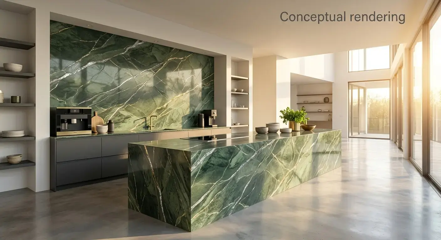 Conceptual rendering of green quartzite with silver and gold veining