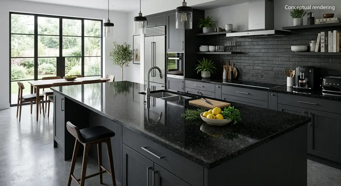 Conceptual rendering of dark granite countertop