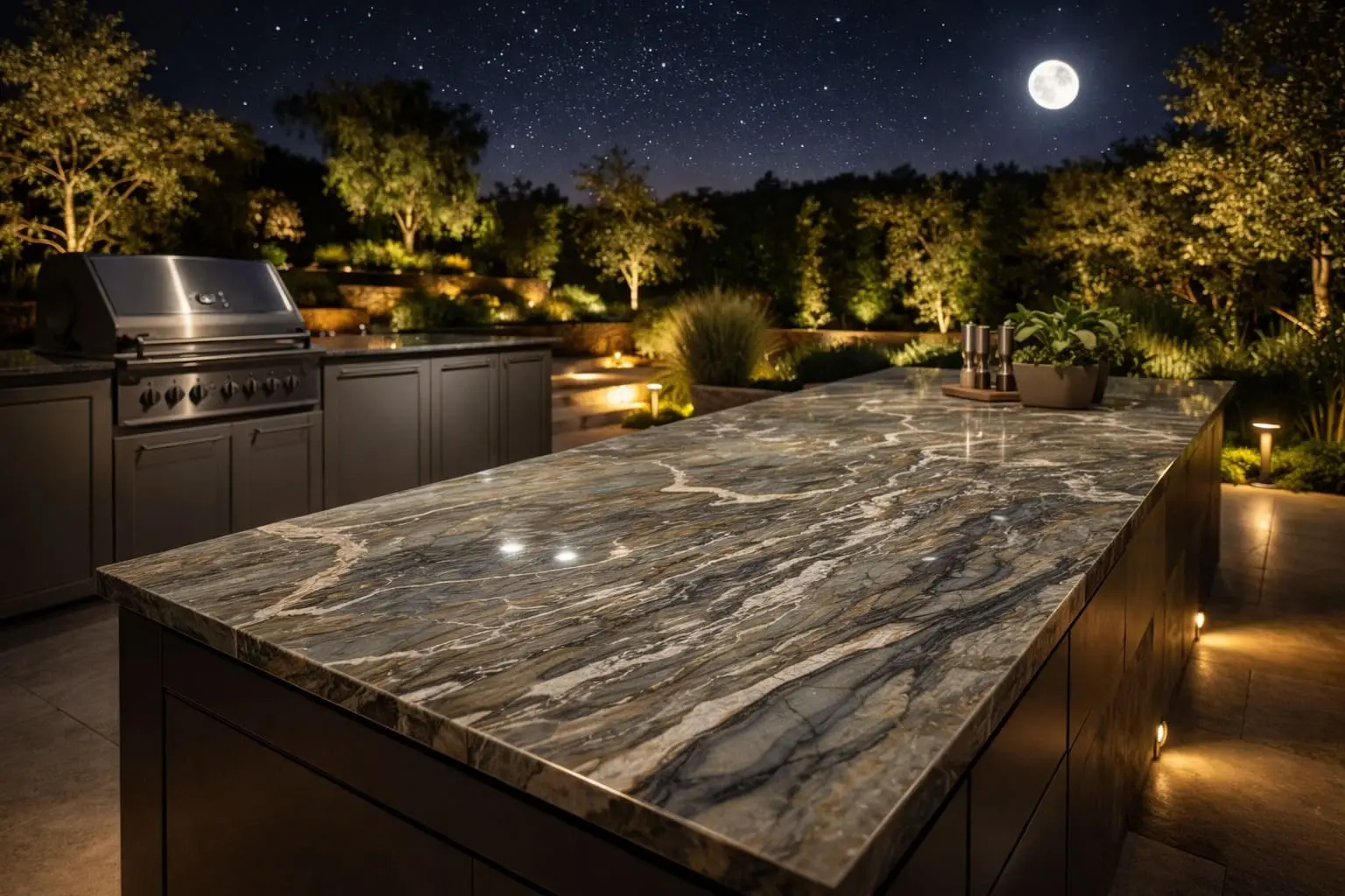 Conceptual rendering of elegant fusion quartzite island in an outdoor space