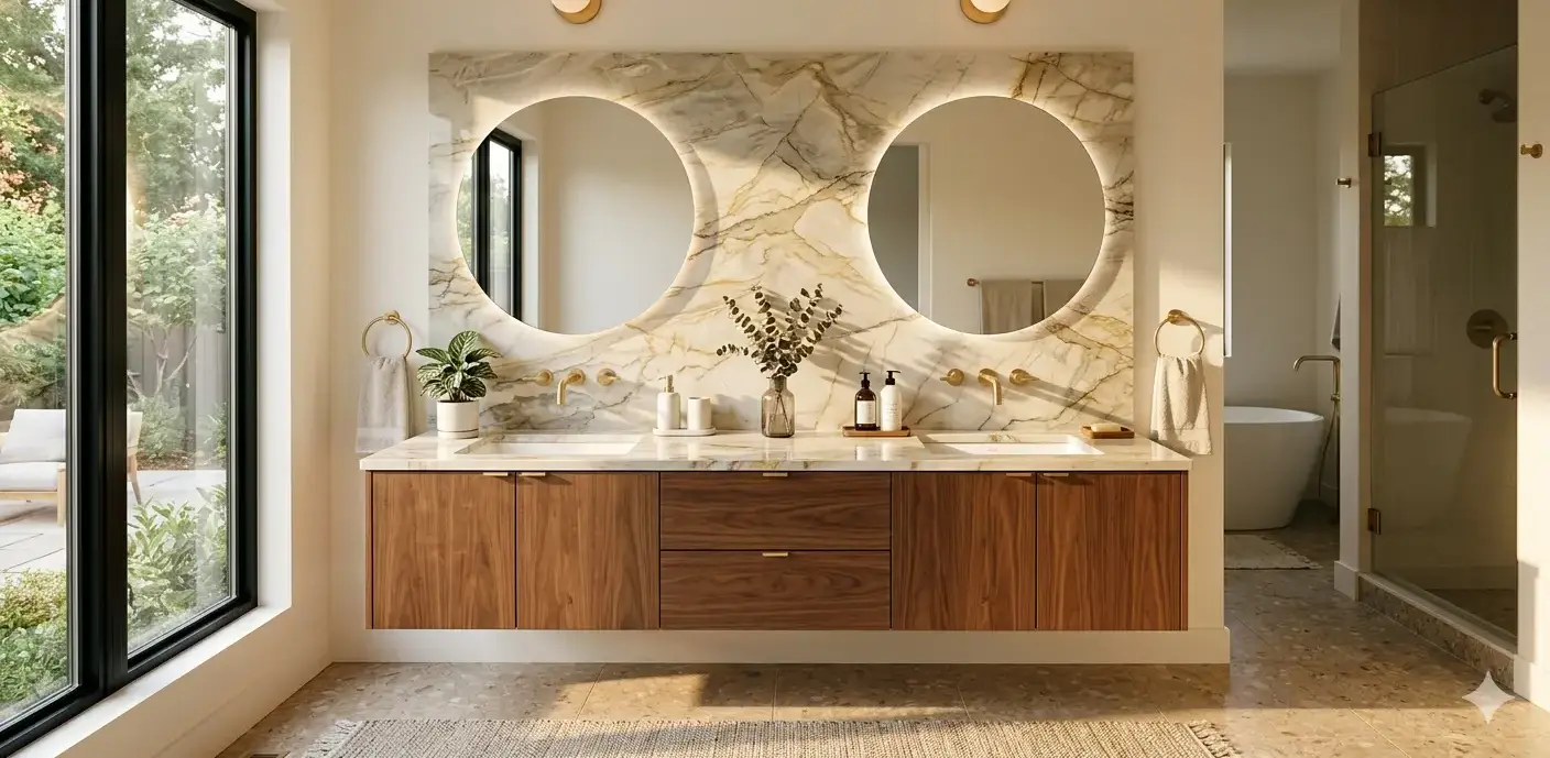 Conceptual rendering of a polished quartzite stone slab backsplash behind a bathroom double-sink vanity