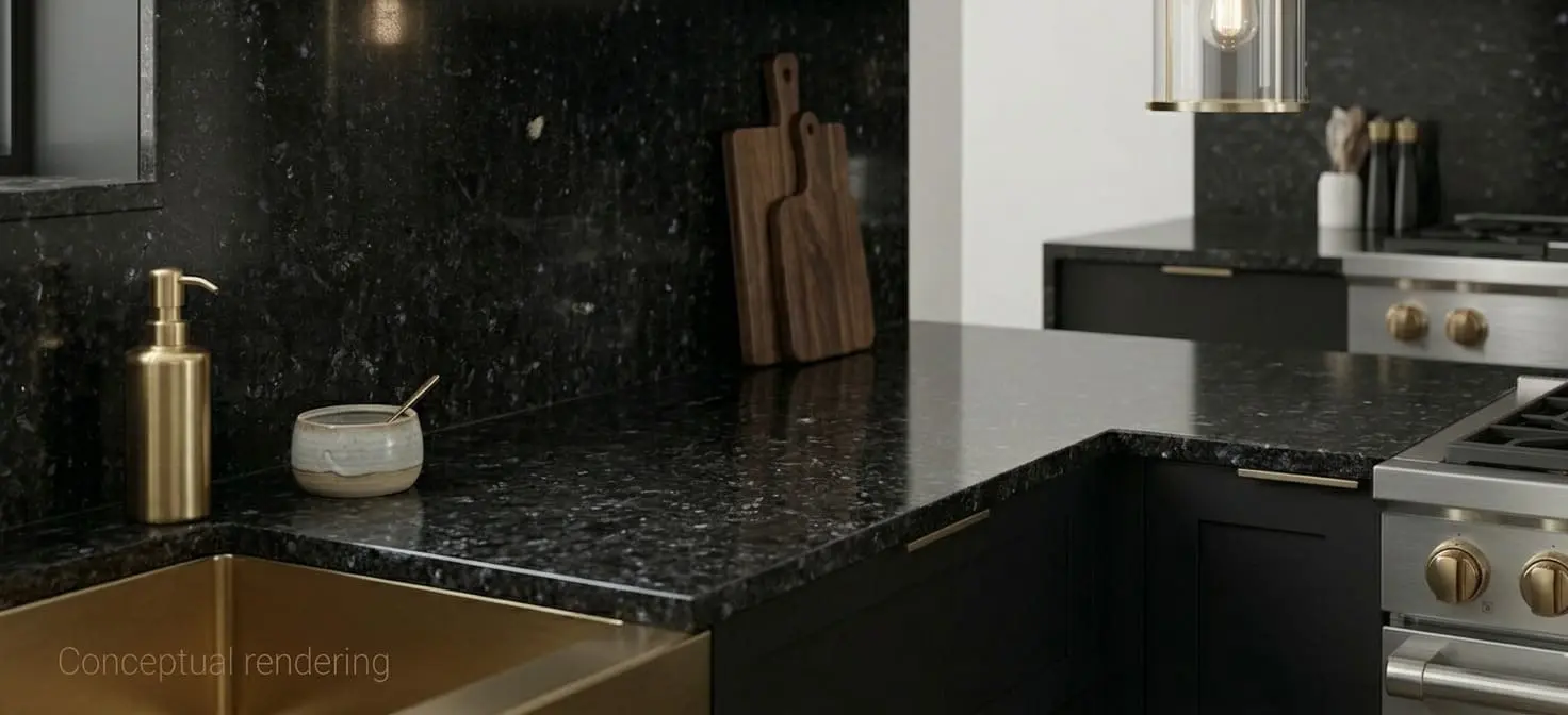 Conceptual rendering of black granite in kitchen countertop