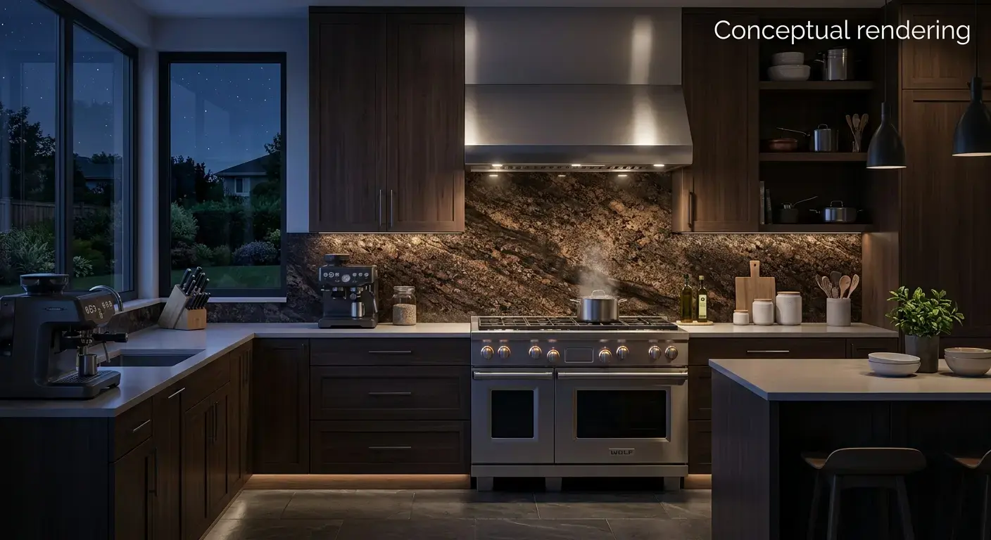 Conceptual rendering of brown granite in kitchen backsplash