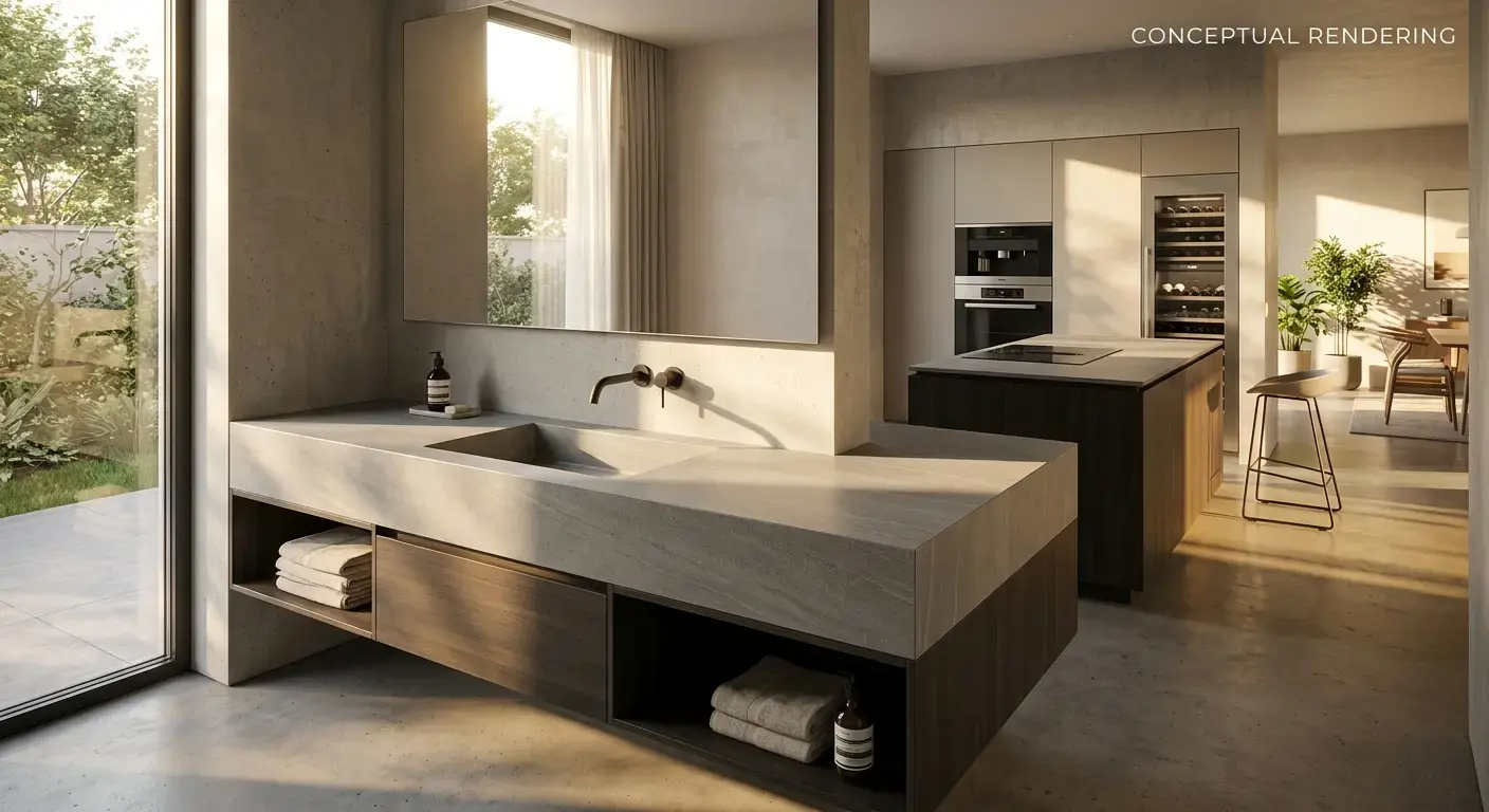 Conceptual rendering of a matte grey porcelain slab installed as a full-height vanity backsplash in a modern bathroom