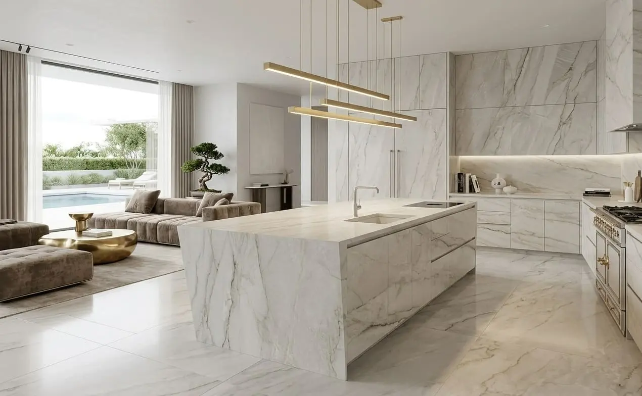 Conceptual rendering of a White quartzite waterfall kitchen island with matching cabinetry panels and flooring in a luxury open-concept home
