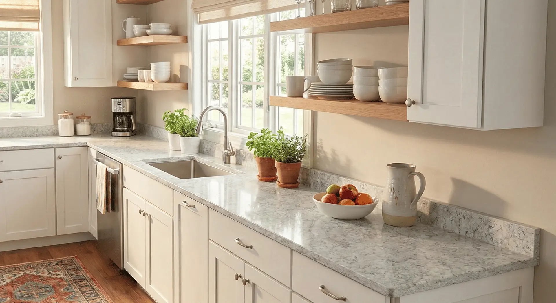 Conceptual rendering of a Light grey speckled stone countertop with undermount sink in a bright prefab kitchen with white shaker cabinets and open wood shelving