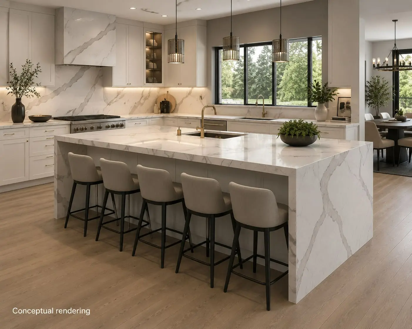 Conceptual rendering of a Large white quartzite waterfall kitchen island with seating for five, matching backsplash, and gold fixtures in an open-concept prefab kitchen