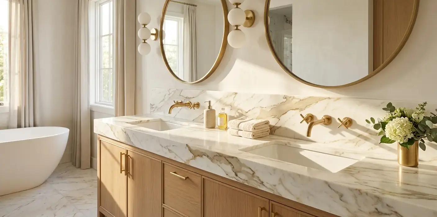 Conceptual rendering of a Calacatta Gold marble vanity countertop with polished finish and bold gold veining