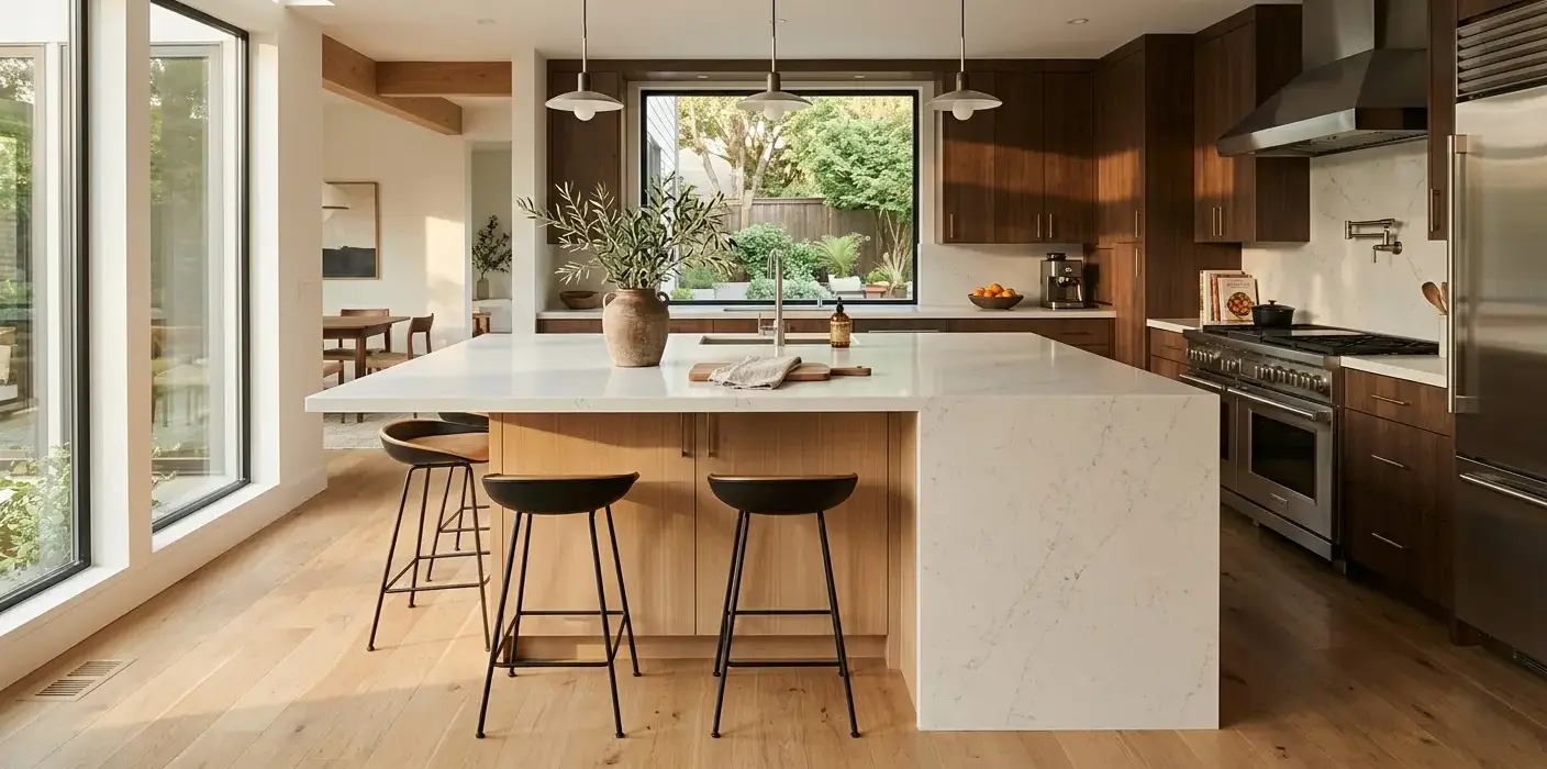 Conceptual rendering of engineered white quartz slab as a kitchen vanity countertop with waterfall edge