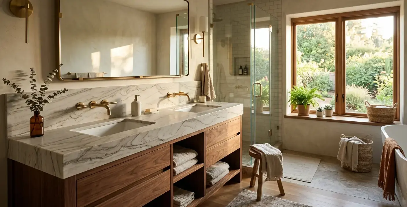 Conceptual rendering of a Brazilian quartzite vanity countertop in honed finish showing gray-beige movement