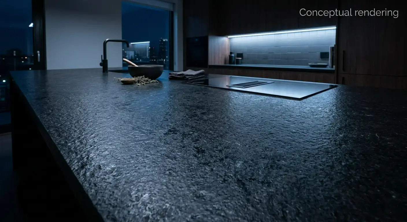 Conceptual rendering of a leathered countertop