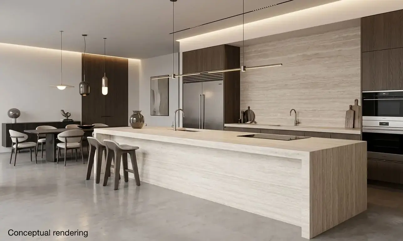 Conceptual rendering of high-end modern kitchen interior with a large ivory travertine countertop island