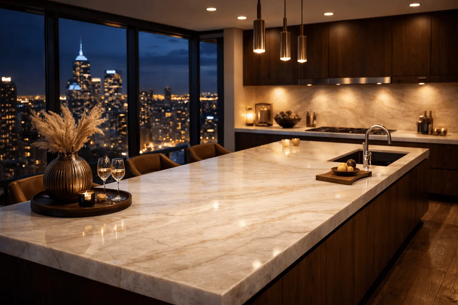 Conceptual rendering of quartzite slab in kitchen island