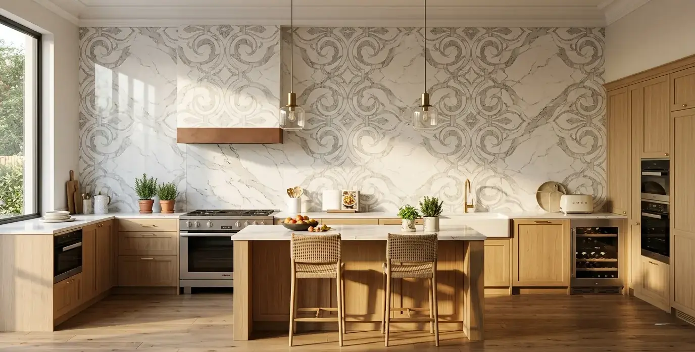 Conceptual rendering of a mirrored arabesque layout using engineered quartz slabs across a full kitchen wall