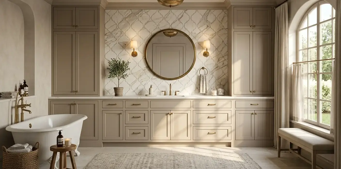 Conceptual rendering of an arabesque slab backsplash in a bathroom with neutral cabinetry and warm lighting