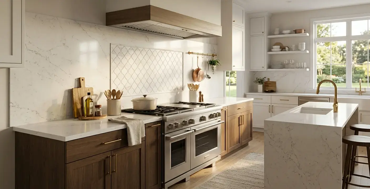 Conceptual rendering of a single focal row arabesque backsplash above a range with white quartz and gray veining