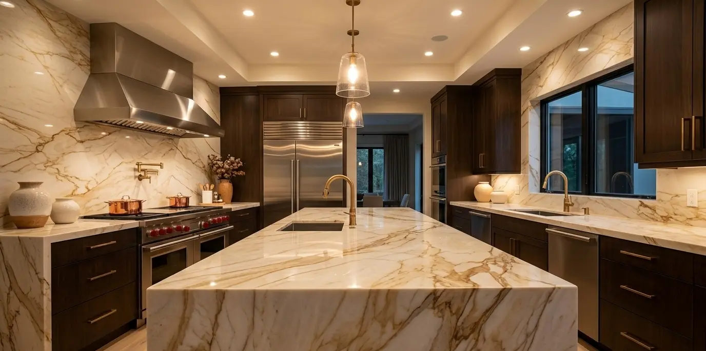 Conceptual rendering of Venus Taj Mahal quartzite polished slab with warm ivory tones