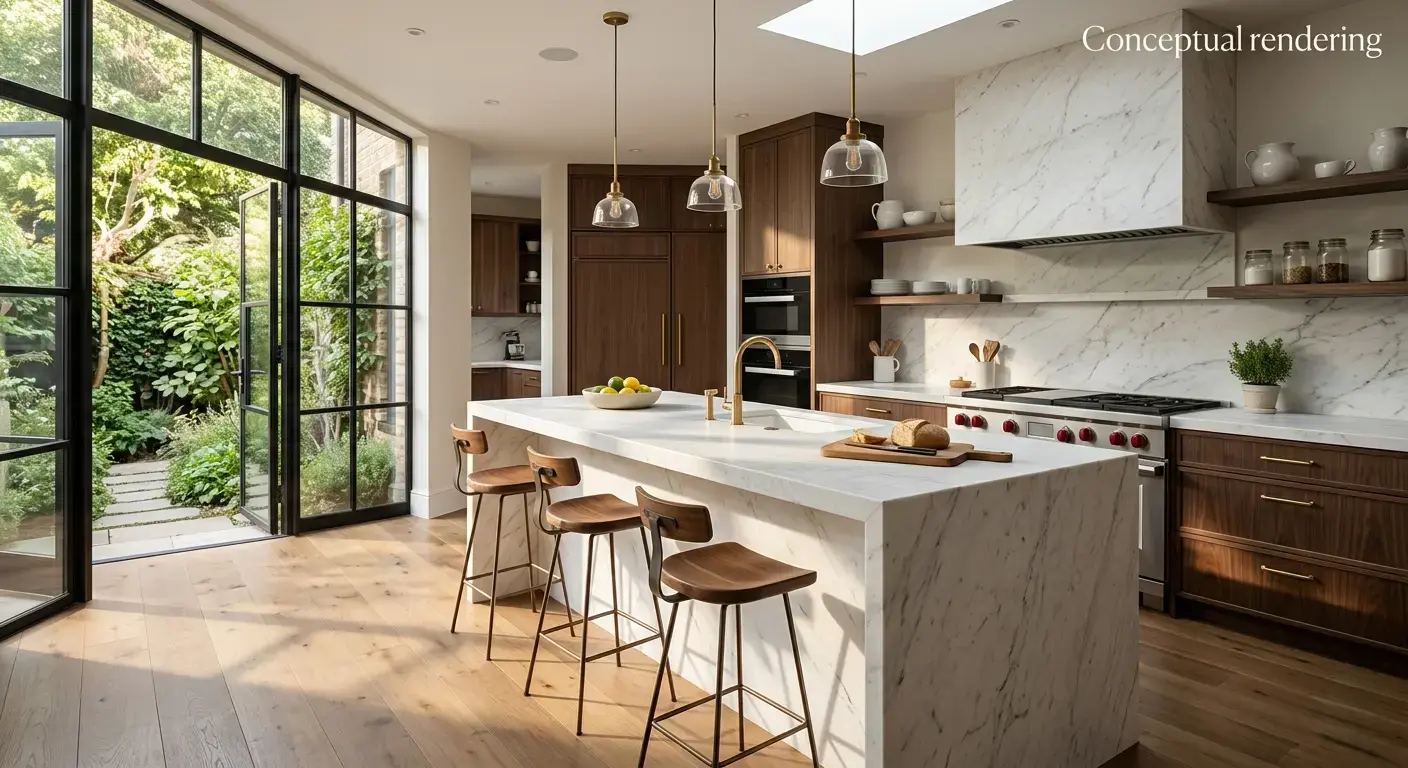 Conceptual rendering of a white marble kitchen island with honed finish and integrated stone backsplash in modern kitchen design