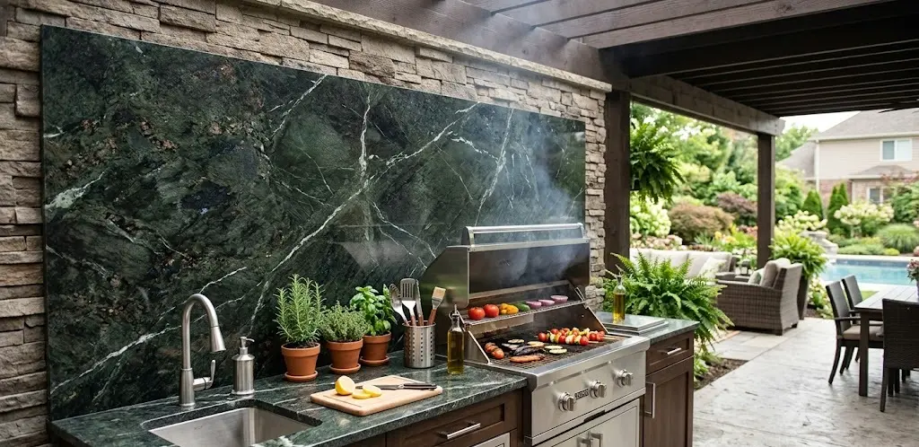 Conceptual rendering of outdoor kitchen backsplash using dark slab