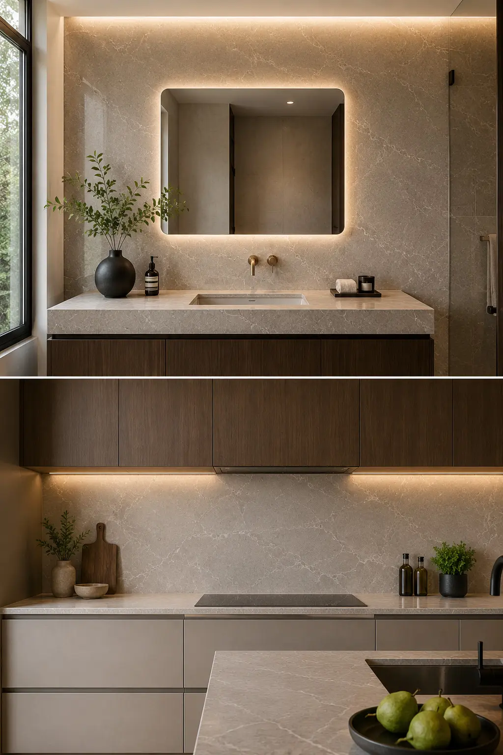 Conceptual rendering of a bathroom and kitchen porcelain backsplash