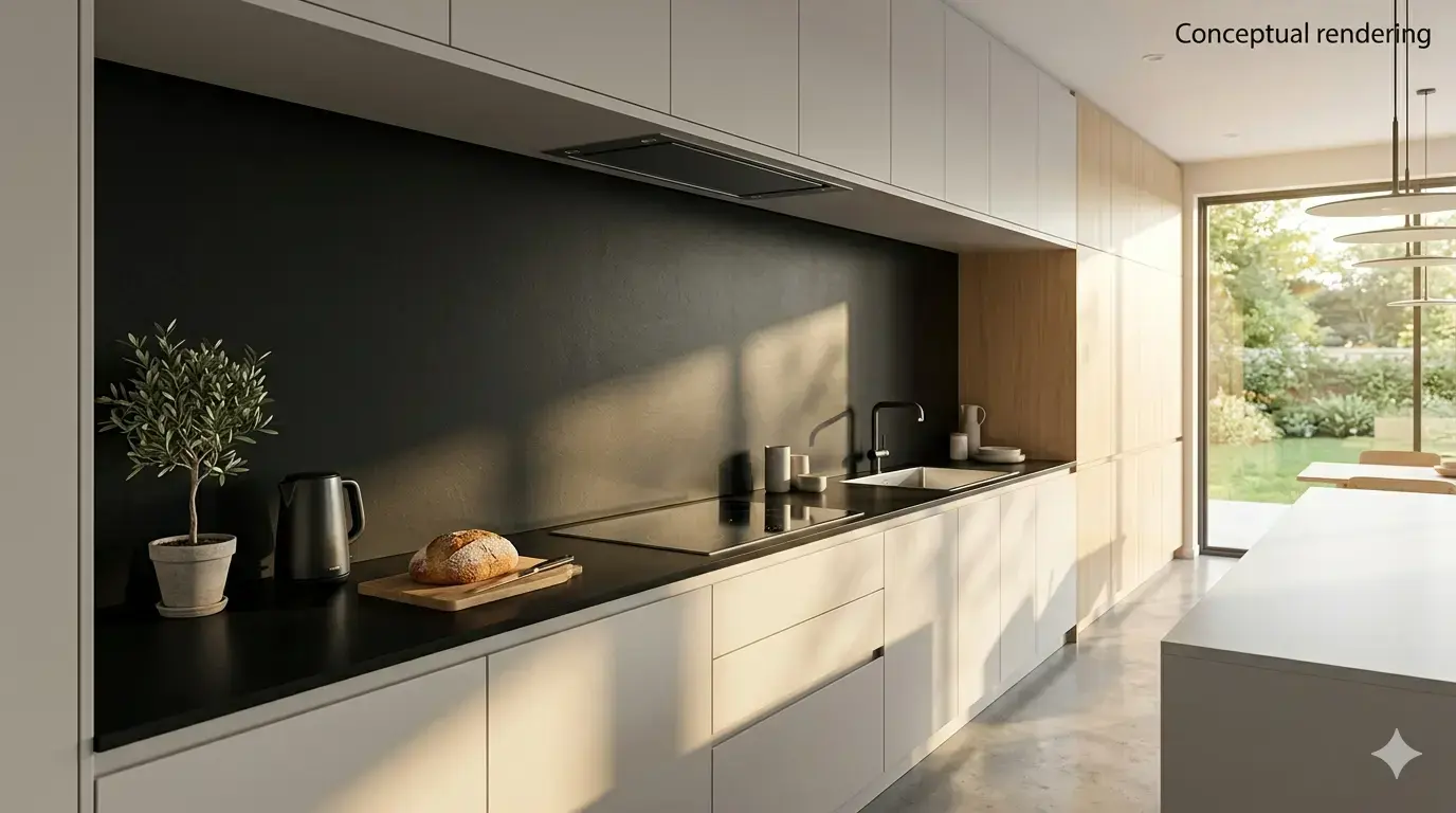 Conceptual rendering of large-format black porcelain slab installed as kitchen backsplash