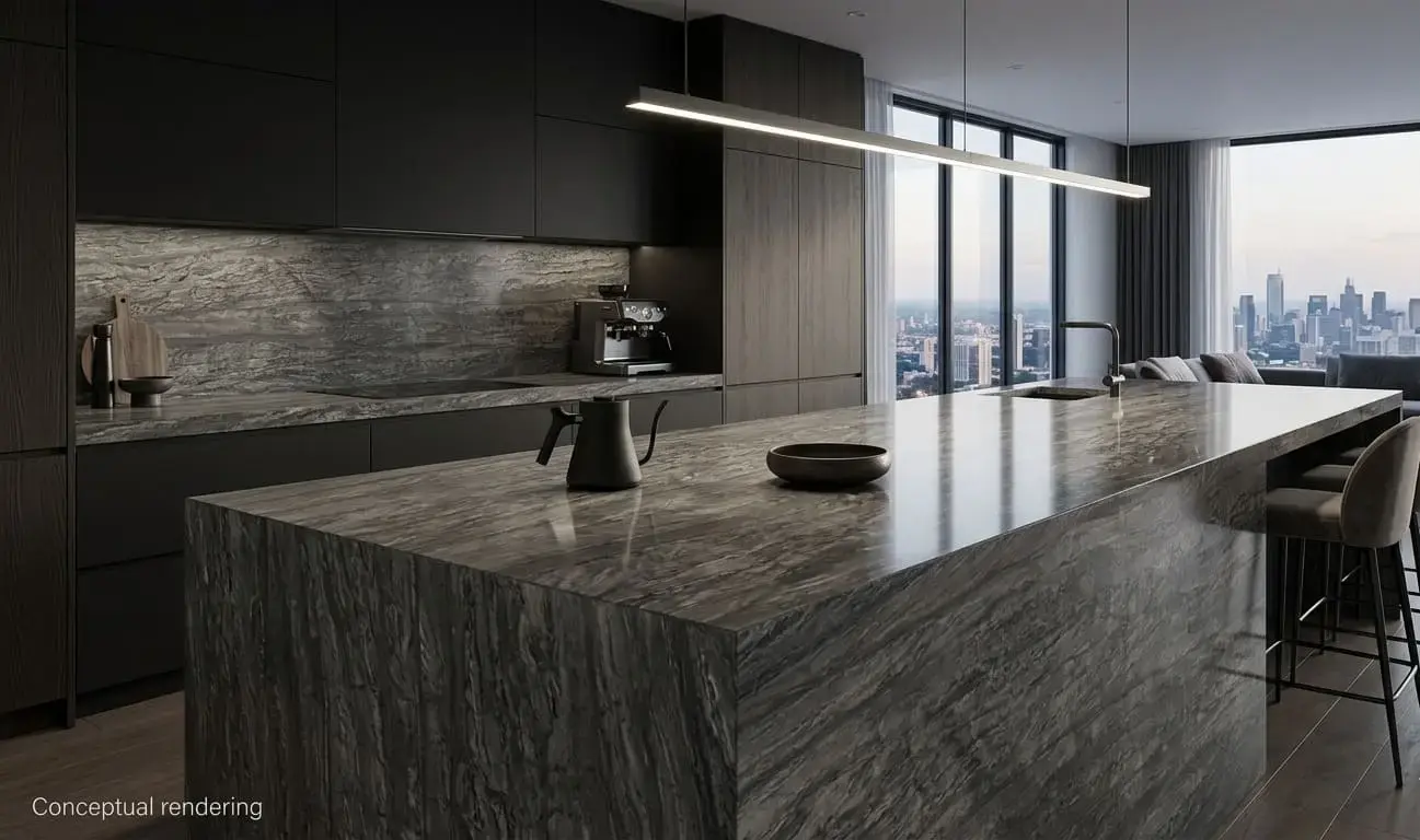 Conceptual rendering of luxury modern kitchen featuring a seamless, polished quartzite countertop island and matching backsplash