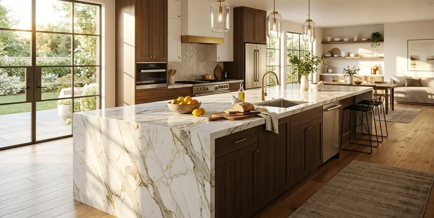 Conceptual rendering of a polished quartzite kitchen island waterfall countertop with white and gold veining