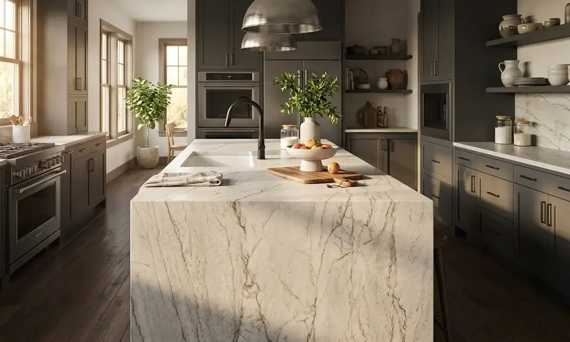 Conceptual rendering of a leathered quartzite waterfall island countertop with warm gray veining and dark cabinetry