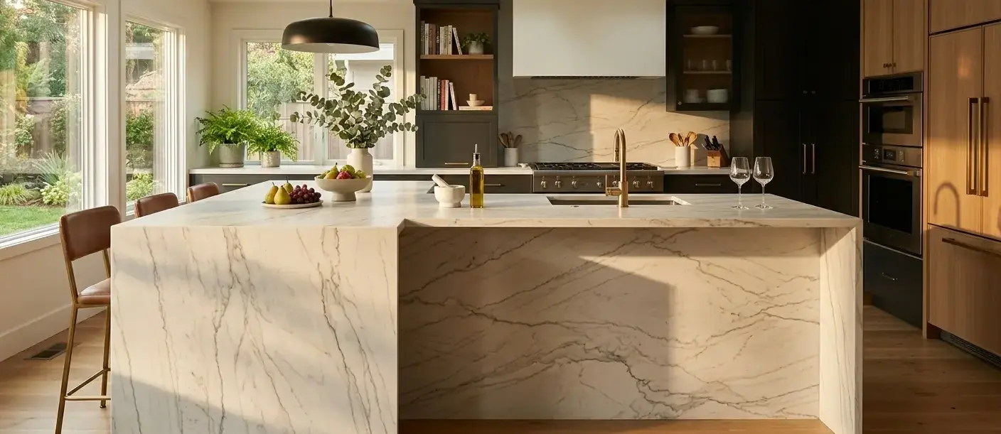 Conceptual rendering of a honed quartzite waterfall countertop side panel showing continuous veining flow from top to floor