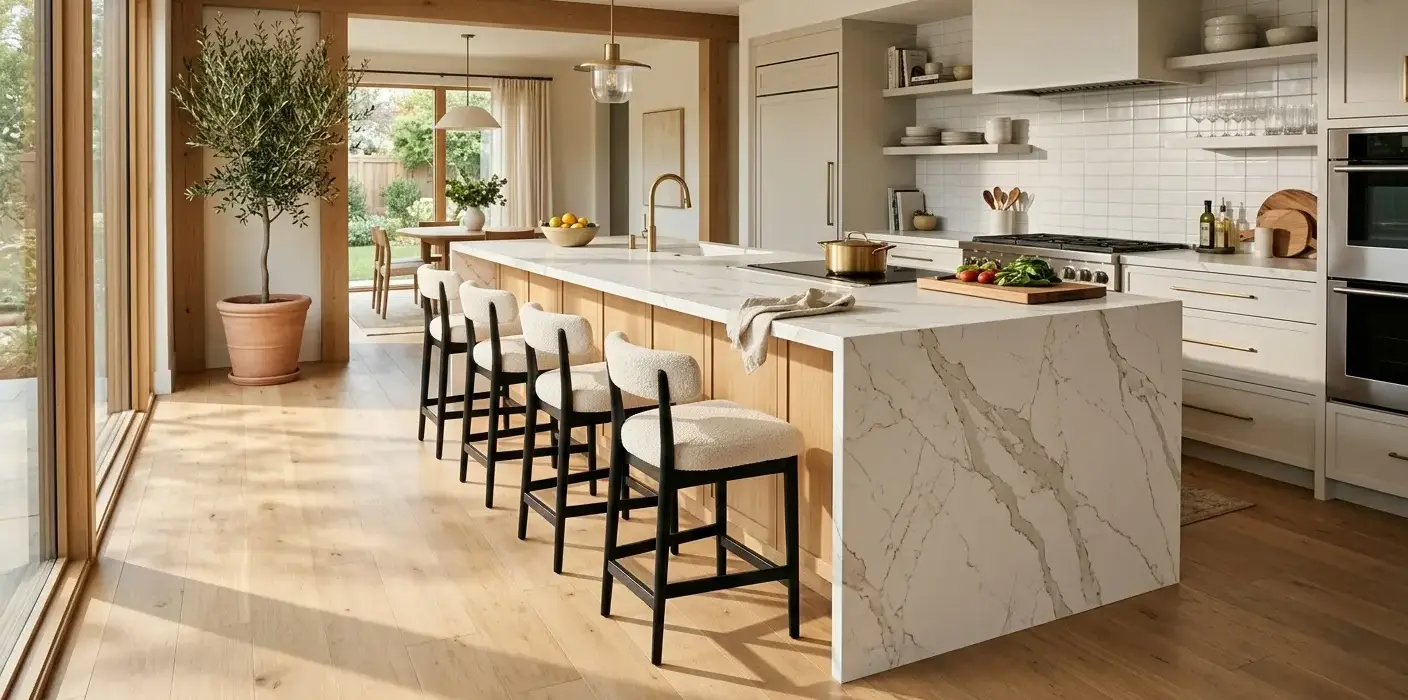 Conceptual rendering of a quartz kitchen island waterfall countertop with Calacatta-style veining and integrated seating overhang