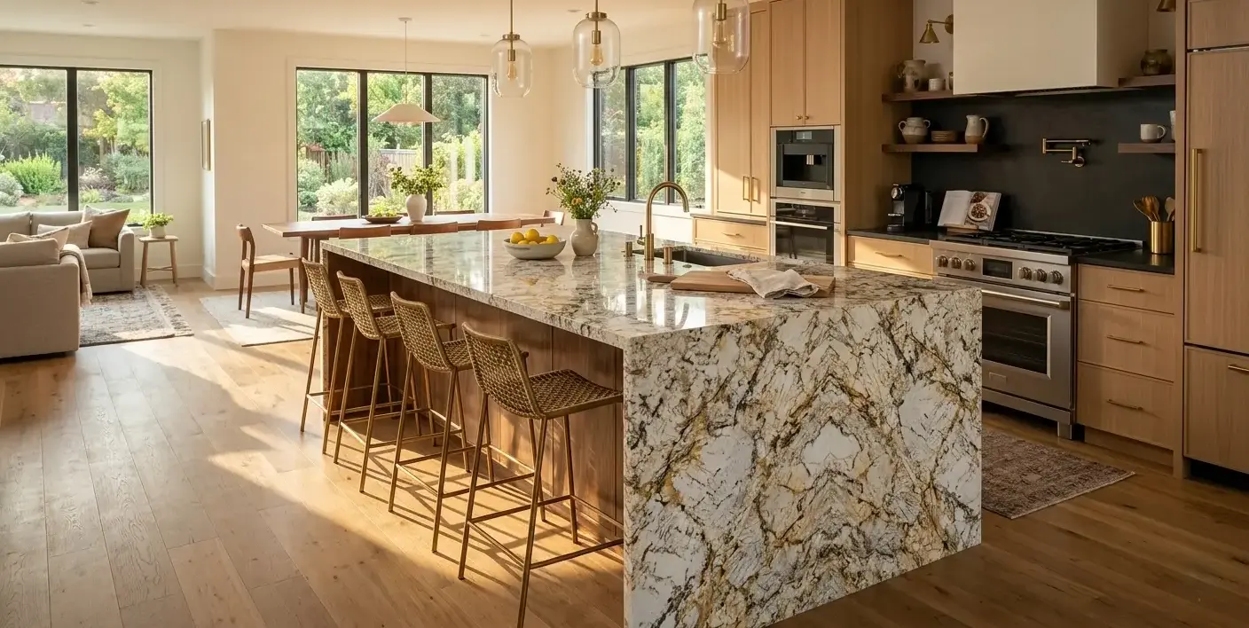 Conceptual rendering of a book-matched granite kitchen island waterfall countertop in an open-concept kitchen
