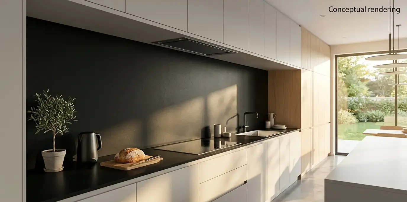 Conceptual rendering of black porcelain in kitchen countertop and backsplash