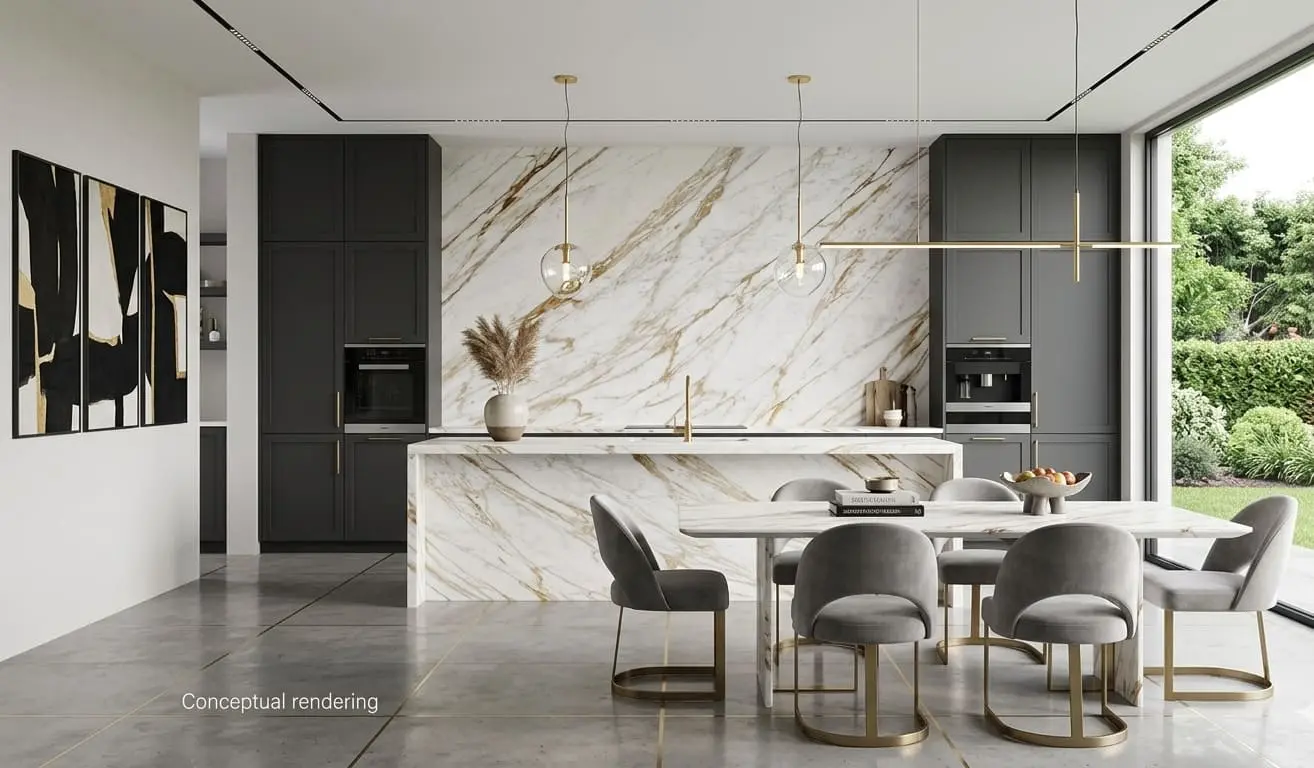 Conceptual rendering of kitchen featuring a seamless Calacatta gold marble backsplash as the central focal point