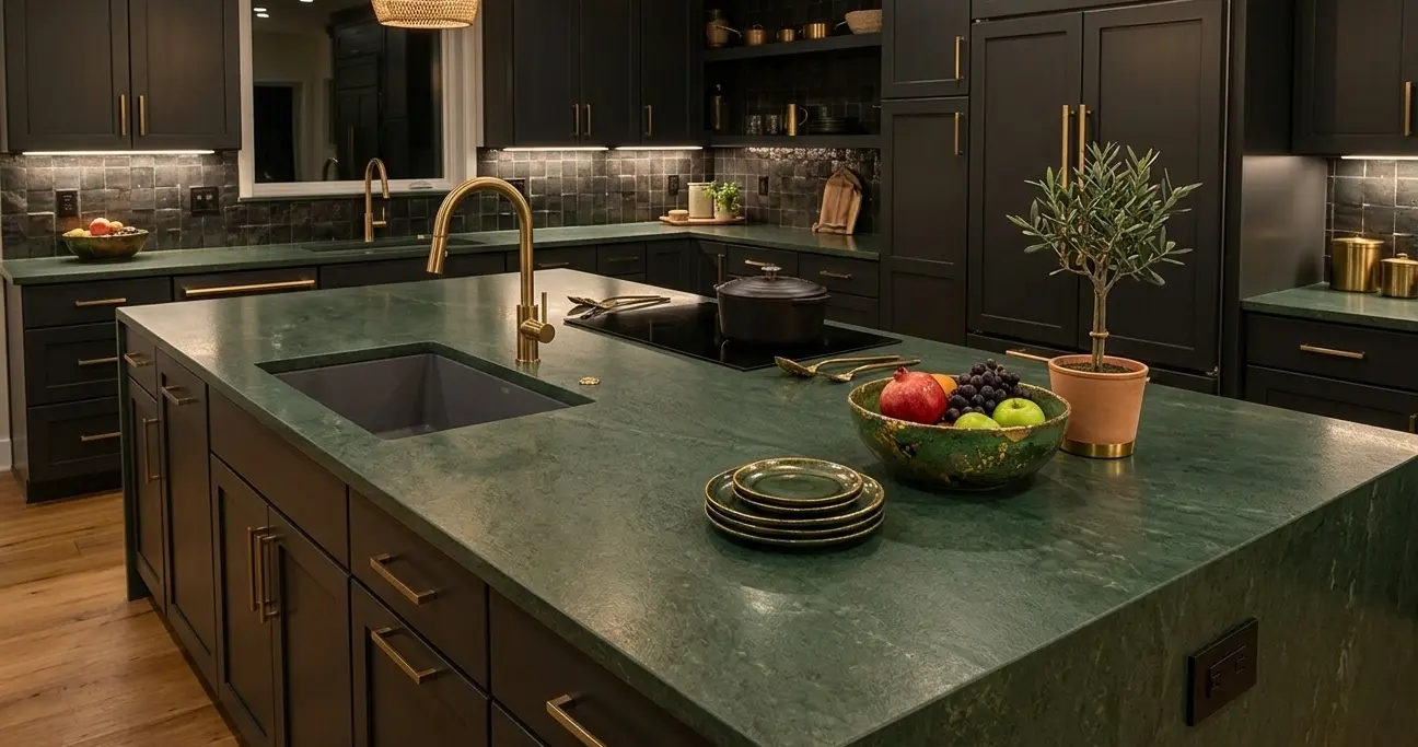 Conceptual rendering of green quartz in kitchen island