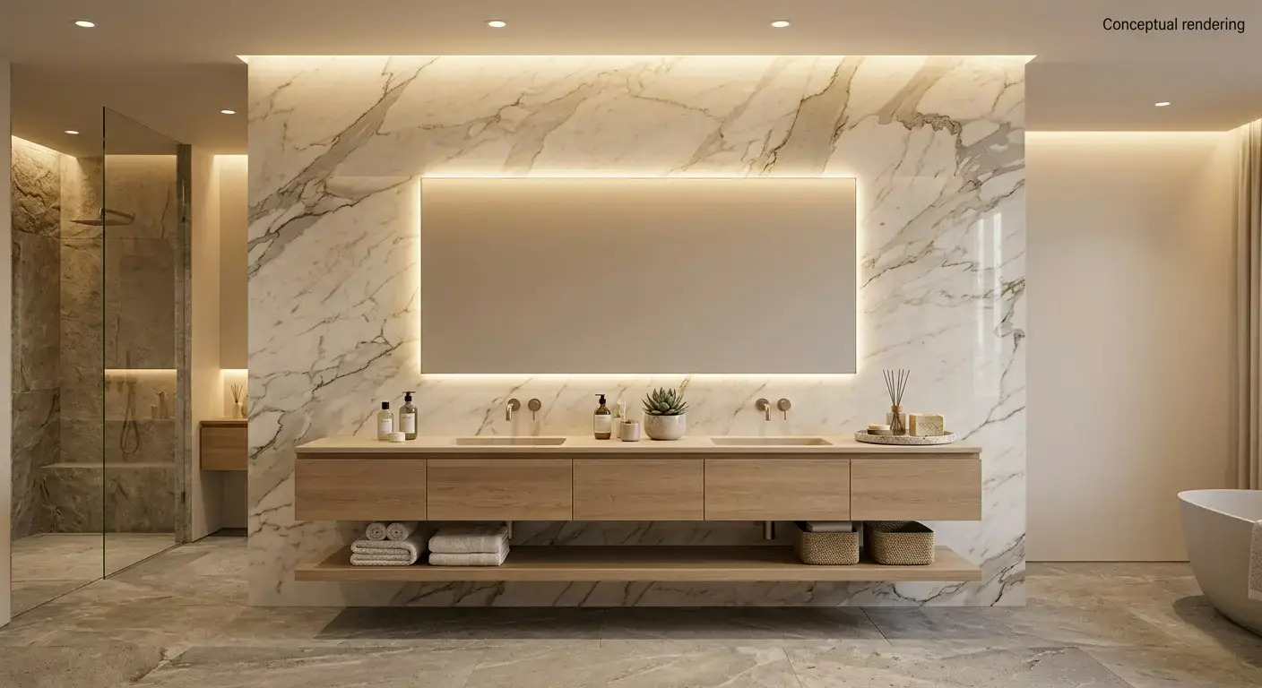 Conceptual rendering of a quartzite backsplash in bathroom
