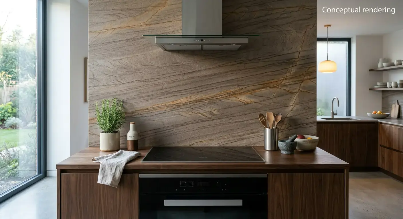 Conceptual rendering of a quartzite backsplash in a modern kitchen
