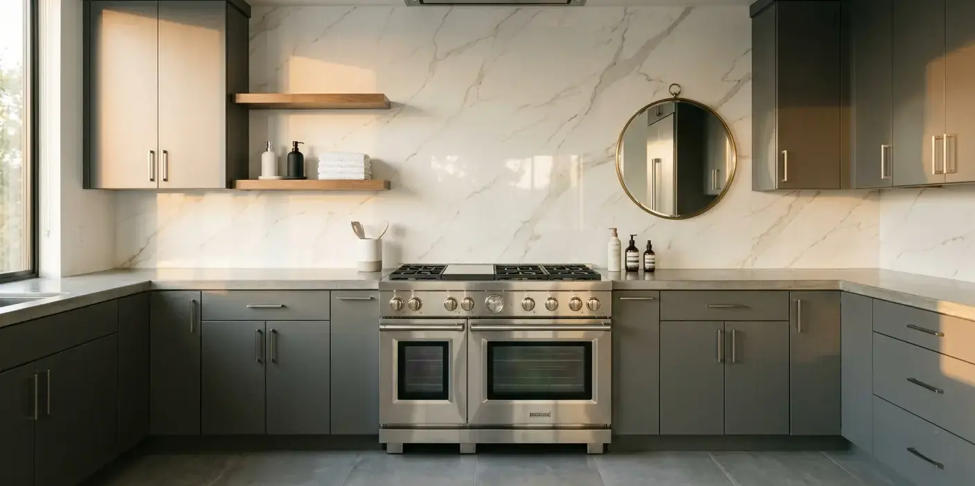 Conceptual rendering of a full-height polished porcelain slab backsplash behind a kitchen range with gray cabinetry