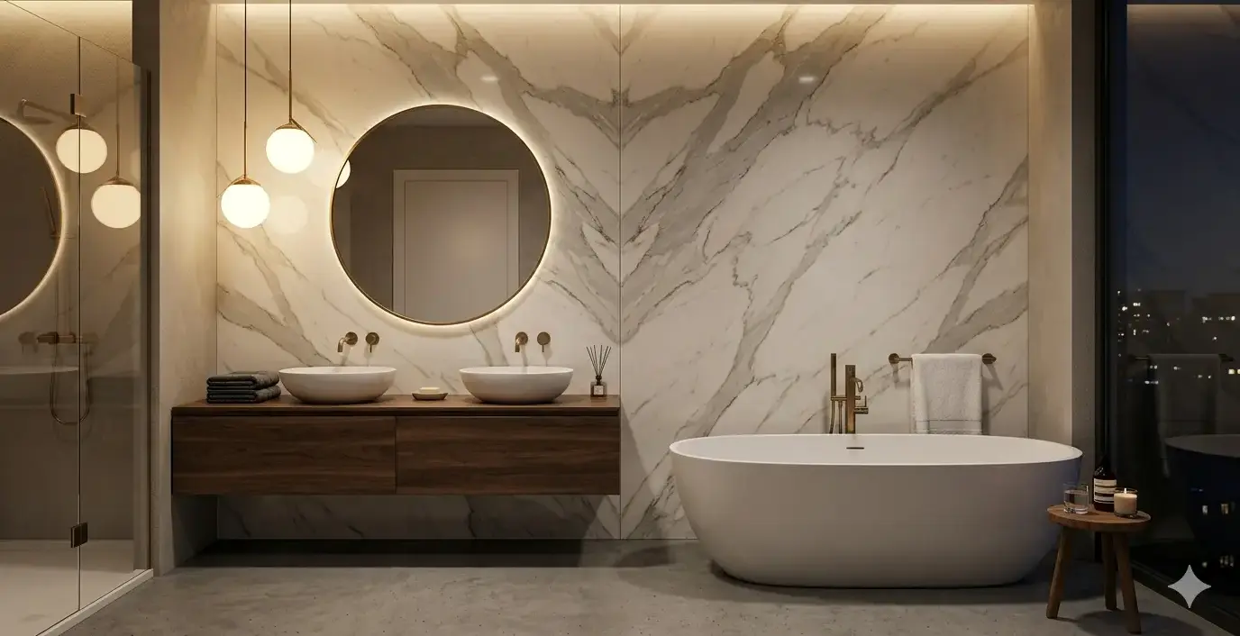 Conceptual rendering of bookmatched Calacatta porcelain slab backsplash panels with symmetrical veining pattern