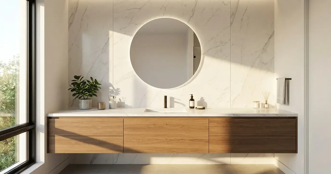 Conceptual rendering of a honed porcelain slab backsplash above a bathroom vanity with white marble-look countertop