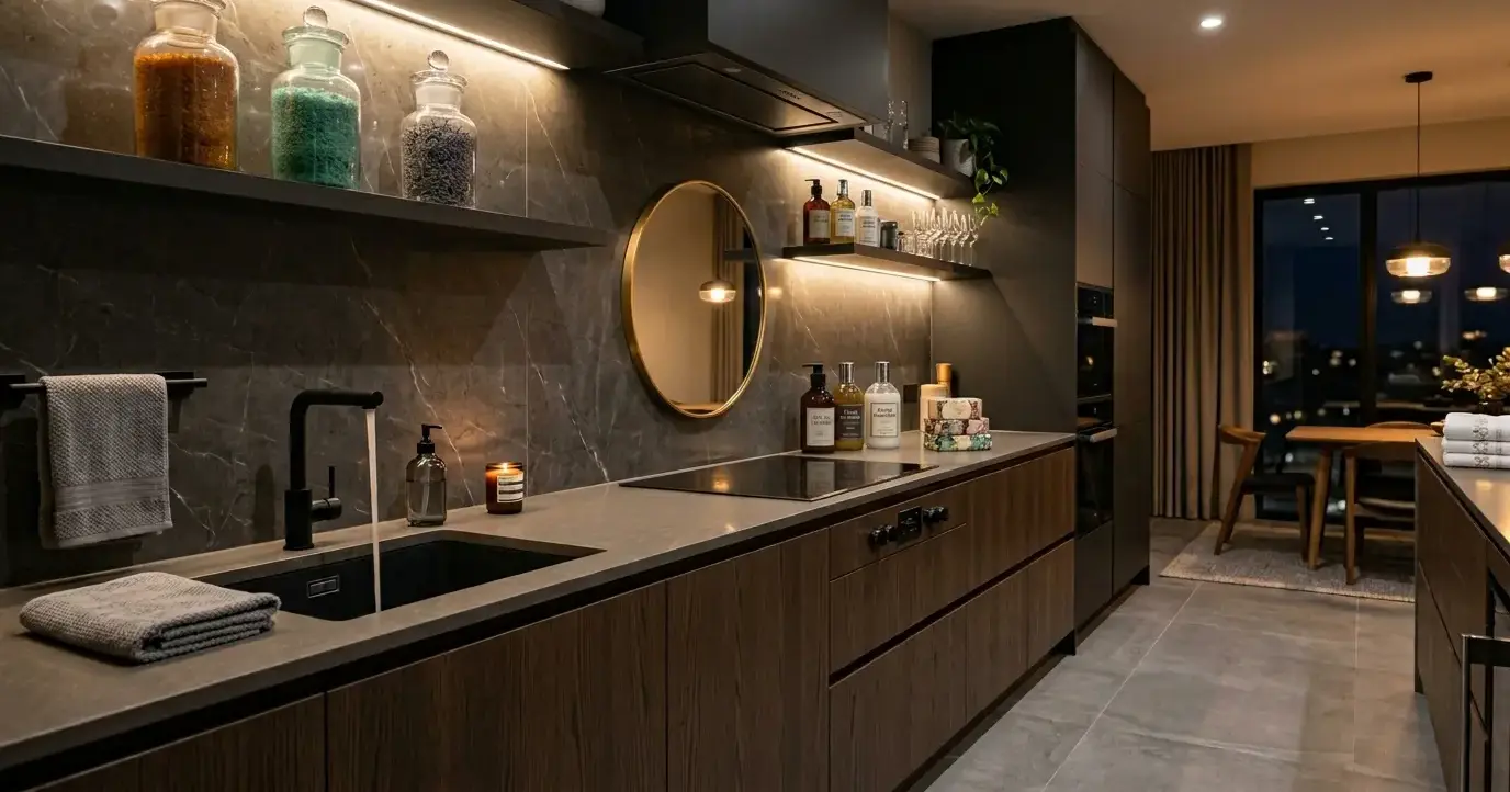 Conceptual rendering of a large-format porcelain slab backsplash with minimal grout lines in a contemporary kitchen