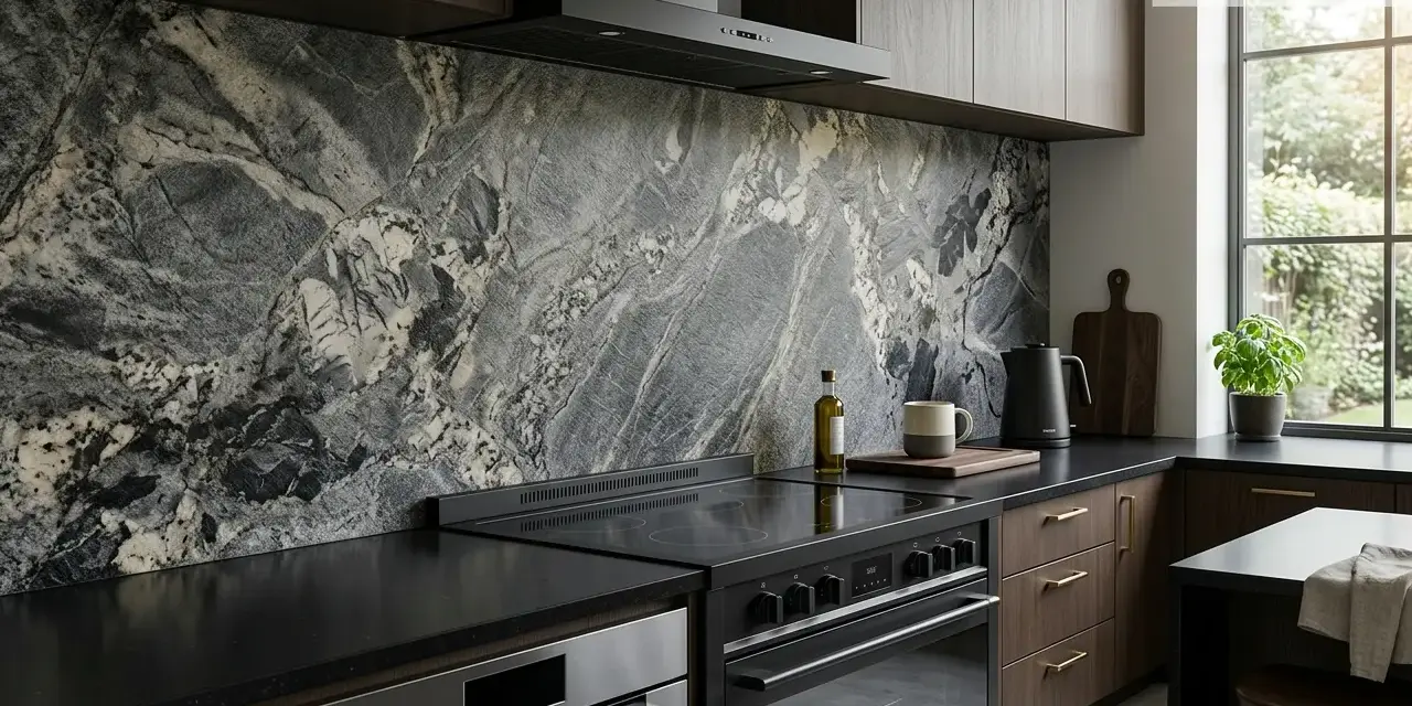 Conceptual rendering of gray granite in kitchen backsplash