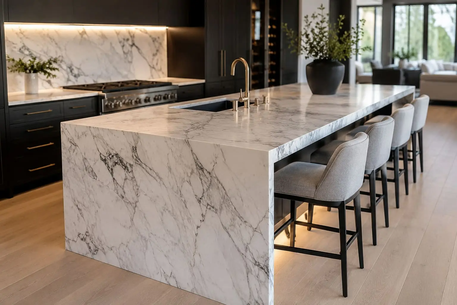 Conceptual rendering of a Waterfall Marble Countertop