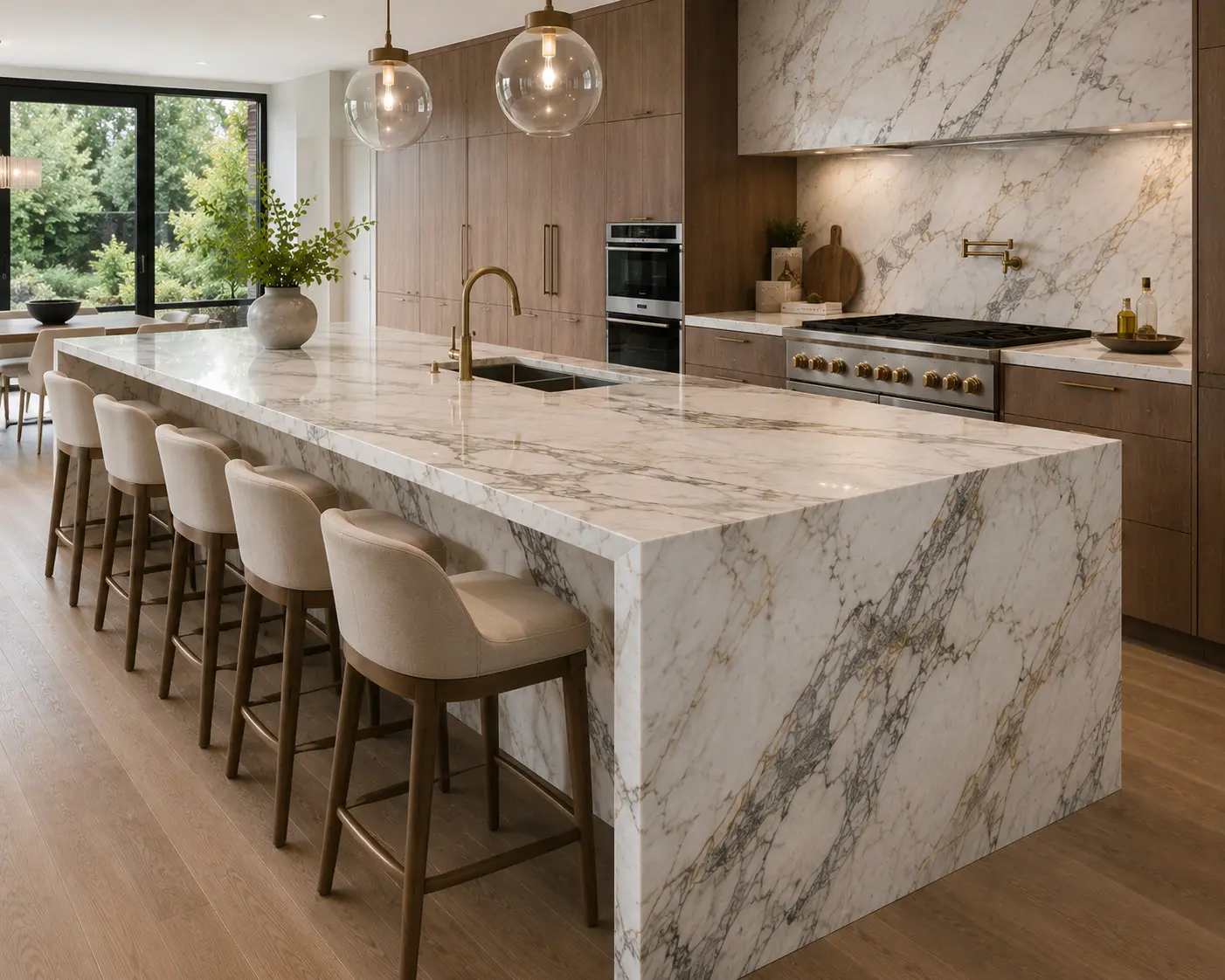 Conceptual rendering of marble slab waterfall edge countertop with continuous veining across surface and side panel
